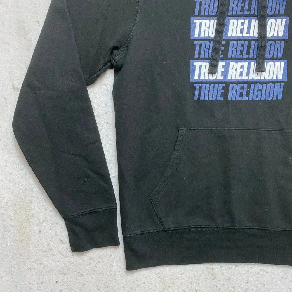 True Religion Hoodie Mens M Black Graphic Logo Sweatshirt Pullover